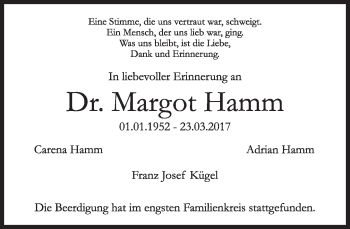 Todesanzeige von Margot Hamm von merkurtz