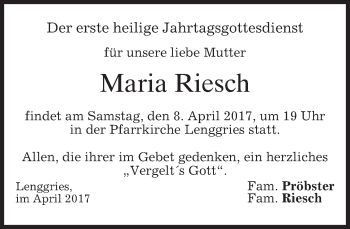 Todesanzeige von Maria Riesch von merkurtz
