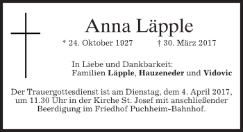 Todesanzeige von Anna Läpple von merkurtz