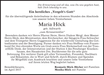 Todesanzeige von Maria Höck von merkurtz