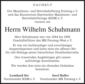 Todesanzeige von Wilhelm Schuhmann von merkurtz