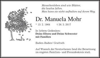 Todesanzeige von Manuela Mohr von merkurtz