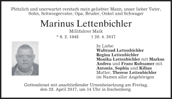 Todesanzeige von Marinus Lettenbichler von merkurtz