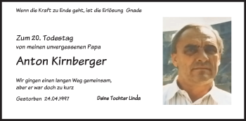 Todesanzeige von Anton Kirnberger von merkurtz