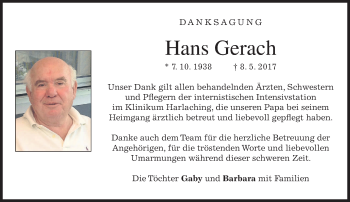 Todesanzeige von Hans Gerach von merkurtz