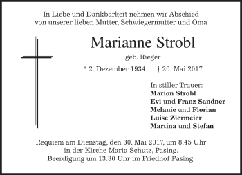 Todesanzeige von Marianne Strobl von merkurtz