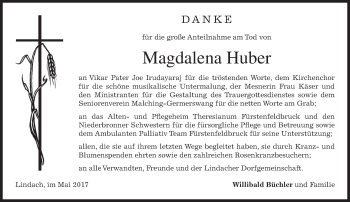 Todesanzeige von Magdalena Huber von merkurtz