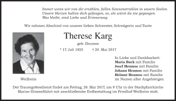 Todesanzeige von Therese Karg von merkurtz