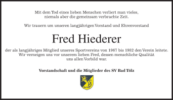 Todesanzeige von Fred Hiederer von merkurtz