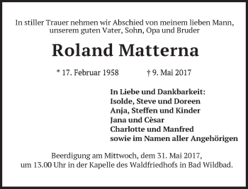 Todesanzeige von Roland Matterna von merkurtz