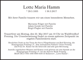 Todesanzeige von Lotte Maria Hamm von merkurtz