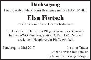 Todesanzeige von Elsa Förtsch von Das Gelbe Blatt Penzberg