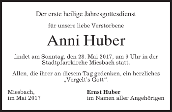Todesanzeige von Anni Huber von merkurtz