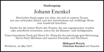 Todesanzeige von Johann Enenkel von merkurtz