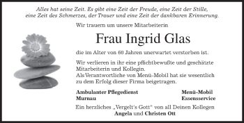 Todesanzeige von Ingrid Glas von merkurtz