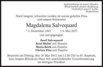 Todesanzeige von Magdalena Salvequard von merkurtz