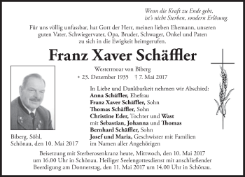 Todesanzeige von Franz Xaver Schäffler von merkurtz