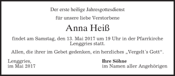 Todesanzeige von Anna Heiß von merkurtz