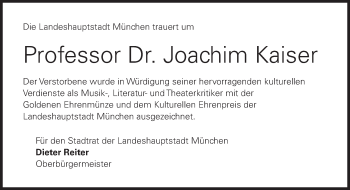 Todesanzeige von Joachim Kaiser von merkurtz