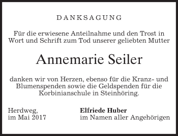Todesanzeige von Annemarie Seiler von merkurtz
