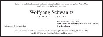 Todesanzeige von Wolfgang Schwanitz von merkurtz