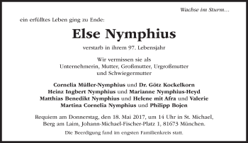 Todesanzeige von Else Nymphius von merkurtz