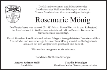 Todesanzeige von Rosemarie Mönig von merkurtz