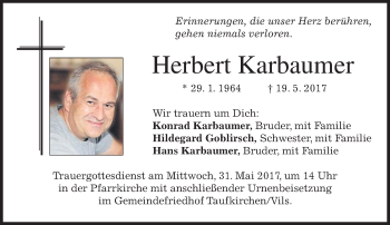 Todesanzeige von Herbert Karbaumer von merkurtz