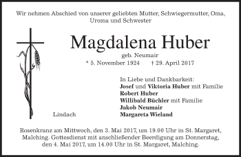 Todesanzeige von Magdalena Huber von merkurtz