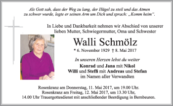 Todesanzeige von Walli Schmölz von merkurtz