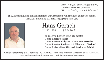 Todesanzeige von Hans Gerach von merkurtz