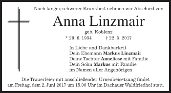 Todesanzeige von Anna Linzmair von merkurtz