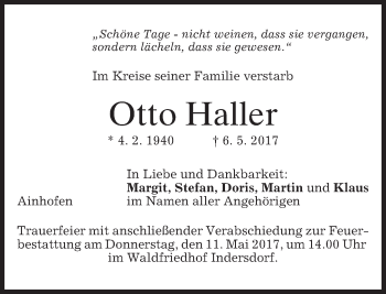 Todesanzeige von Otto Haller von merkurtz