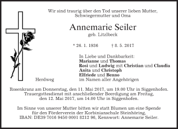 Todesanzeige von Annemarie Seiler von merkurtz