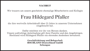 Todesanzeige von Hildegard Pfaller von merkurtz