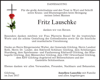 Todesanzeige von Fritz Lauschke von merkurtz