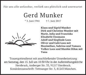 Todesanzeige von Gerd Munker von merkurtz