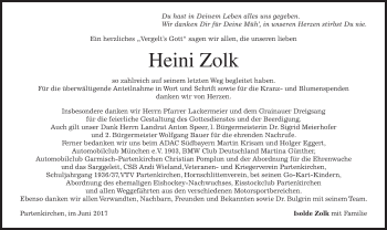 Todesanzeige von Heini Zolk von merkurtz