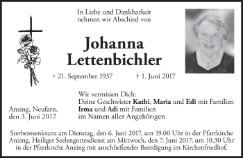 Todesanzeige von Johanna Lettenbichler von merkurtz