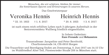 Todesanzeige von Veronika und Heinrich Hennis von merkurtz