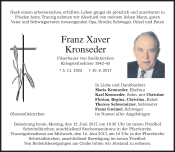 Todesanzeige von Franz Xaver Kronseder von merkurtz
