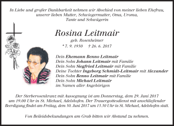 Todesanzeige von Rosina Leitmair von merkurtz
