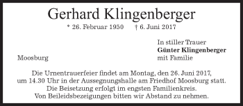 Todesanzeige von Gerhard Klingenberger von merkurtz