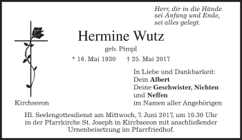Todesanzeige von Hermine Wutz von merkurtz