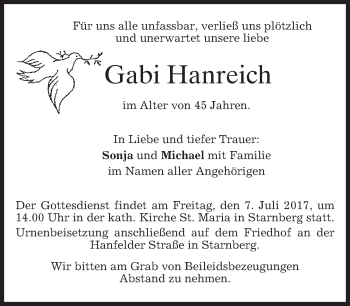 Todesanzeige von Gabi Hanreich von merkurtz