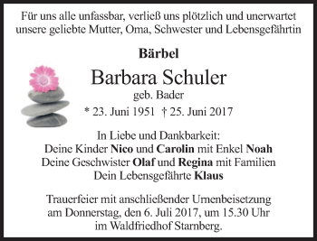 Todesanzeige von Barbara Schuler von merkurtz