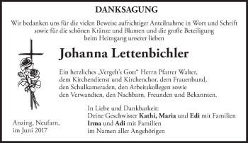 Todesanzeige von Johanna Lettenbichler von merkurtz