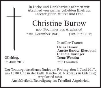 Todesanzeige von Christine Burow von merkurtz