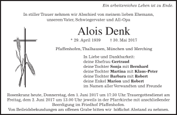 Todesanzeige von Alois Denk von merkurtz