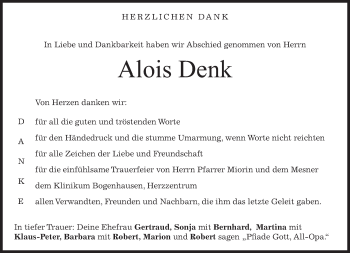 Todesanzeige von Alois Denk von merkurtz